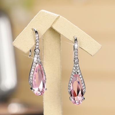 Huitan Wassertropfen Rosa Zirkonia Hängeohrringe für Frauen Funkelnde Verlobungsohrringe Temperamentvoll Süß Neuer Schmuck