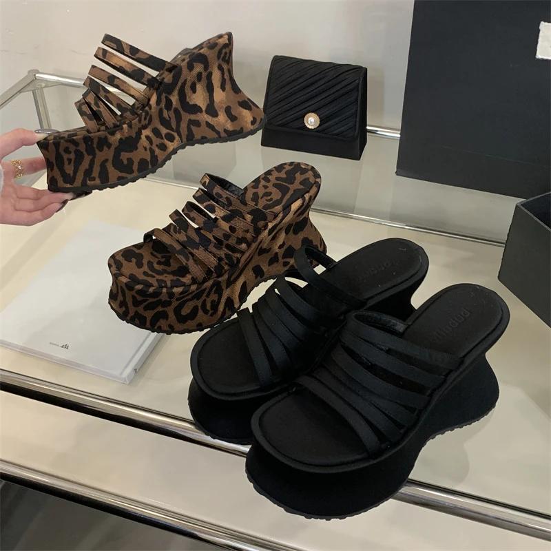 Fashion Eilyken Designer Leopard Print Narrow Band Platform Wedges Heels Slippers Women's Fashion Banquet Party Female Shoes