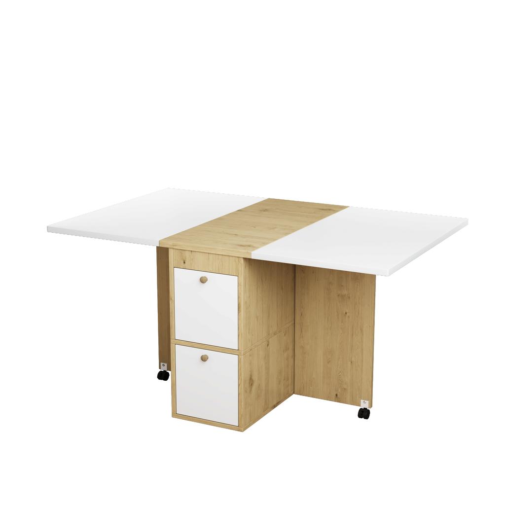 Dining Table Set, (with Dining Table, 4 Chairs), Foldable, 120*80*75cm, Multifunctional Extendable Dining Table, Dining Chairs, White + Oak