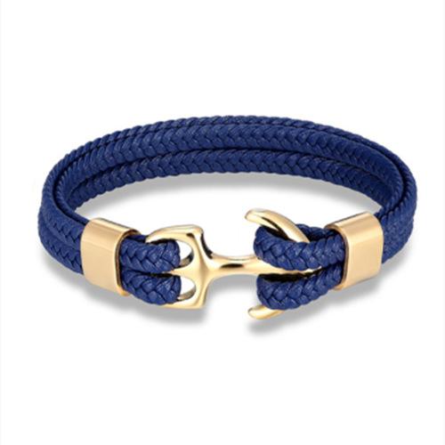 Men Titanium Steel Bracelet Black Cowhide Woven Anchor Leather Rope Bracelet