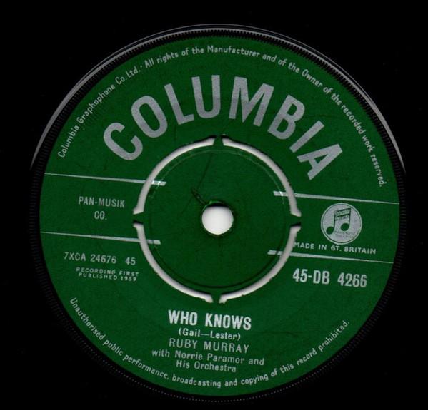 

7-дюймовая пластинка RUBY MURRAY Who Knows 45DB4266 Columbia 1959 UK Pop Б/у