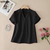 VONDA Summer Women V Neck Short Sleeve Solid Color Casual Blouse Tops
