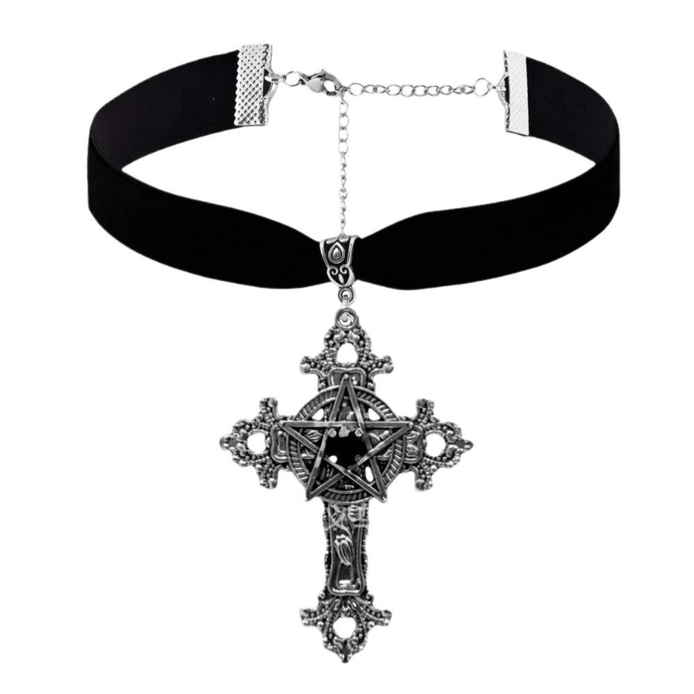 

Temperament Goth Red Black Zircon Five-pointed Star Relief Cross Pendant Velvet Necklace for Women Halloween Party Jewelry Gift