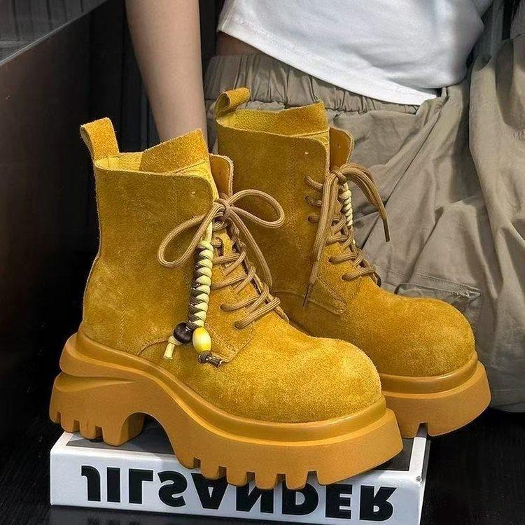 Frosted soft leather big-headed muffin thick-soled Martin boots for women's 2025 autumn new heightening locomotive versatile casual trendy boots