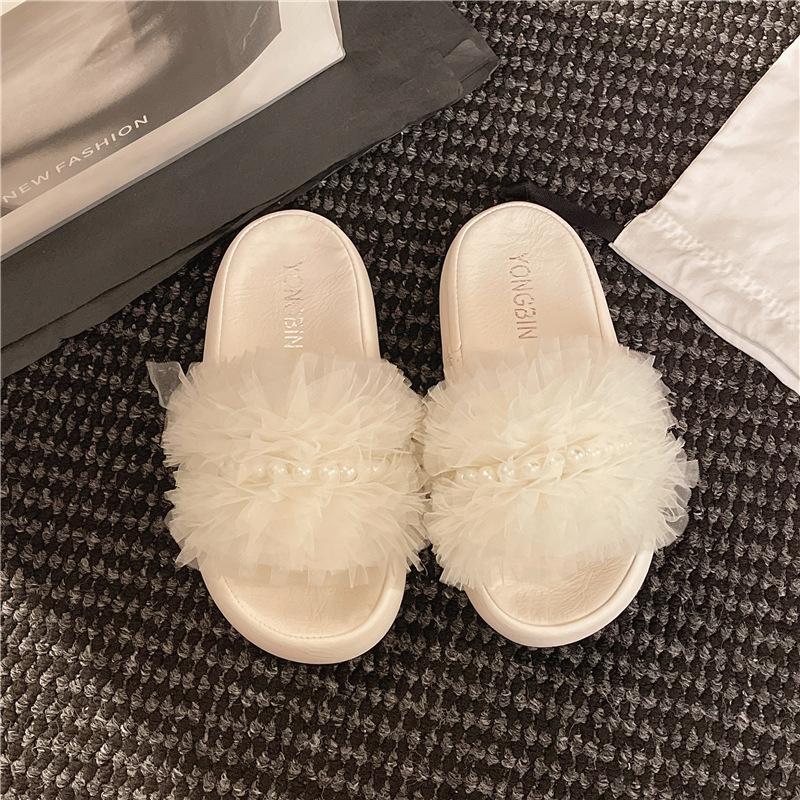 

Mesh casual pearl cool slippers women s summer wear small soft bottom comfortable height increase fairy style one-word slippers 40 бежевый