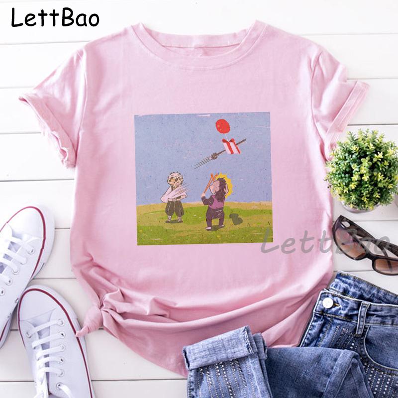 Nezuko Kimetsu No Yaiba Funny Graphic Pink T Shirts Women Vintage Anime Print Tee Shirt 90S