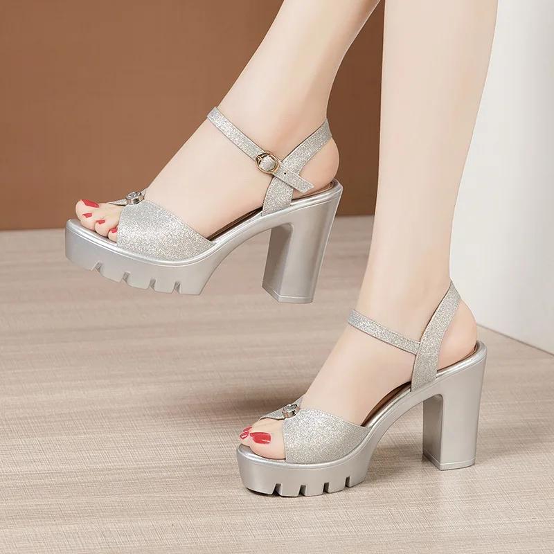 13cm Small Size 32-43 Block High Heels Sandals Summer Wedding Shoes 2025 Thick Platform Sandals Women Soft Leather Sandal Silver