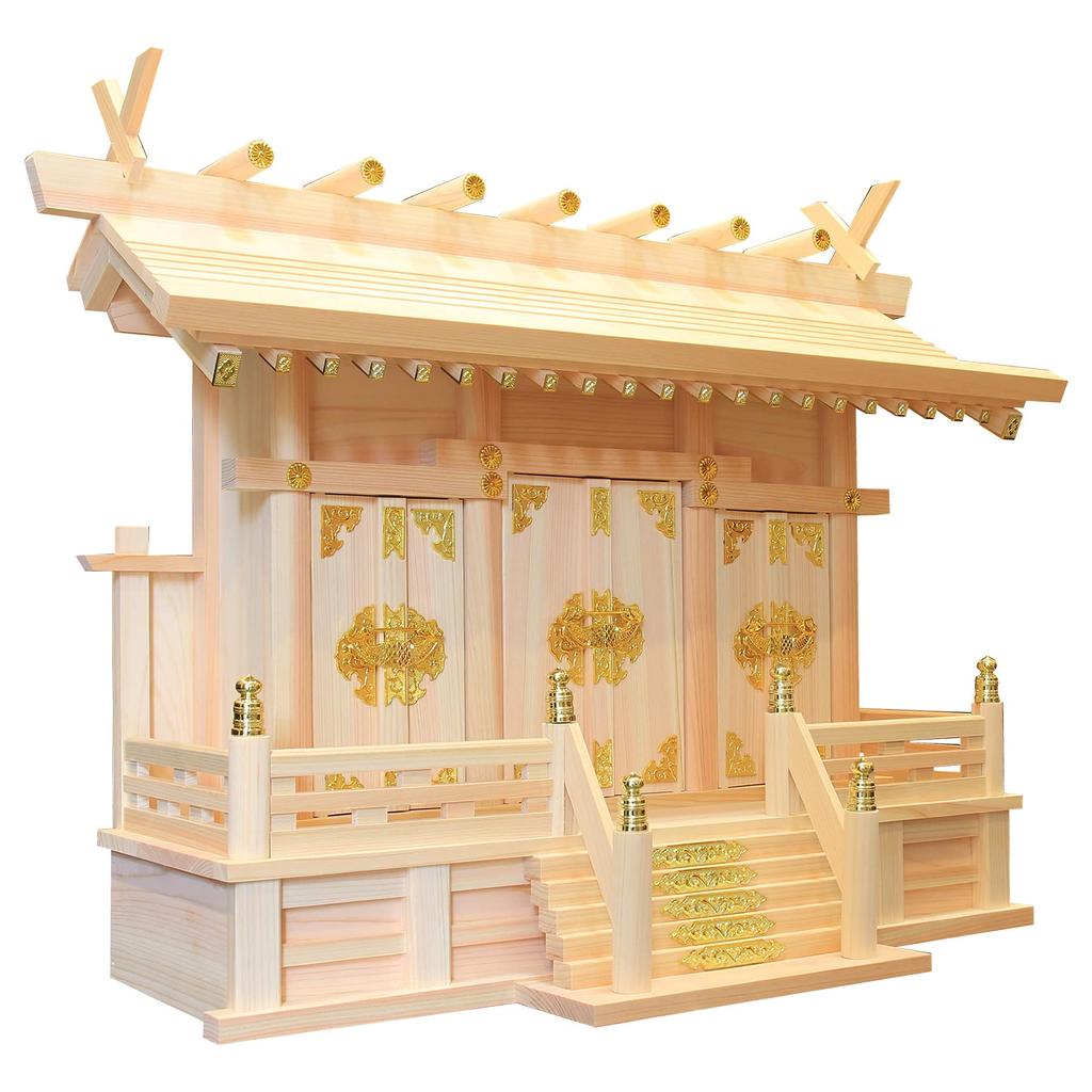 Matsuyama Shinto Buddhist Altar, Three-Shrine, with Cloud Stickers, Made in Japan, Hinoki (Japanese Cypress), 54cm Wide, 40cm High, 21.5cm Deep