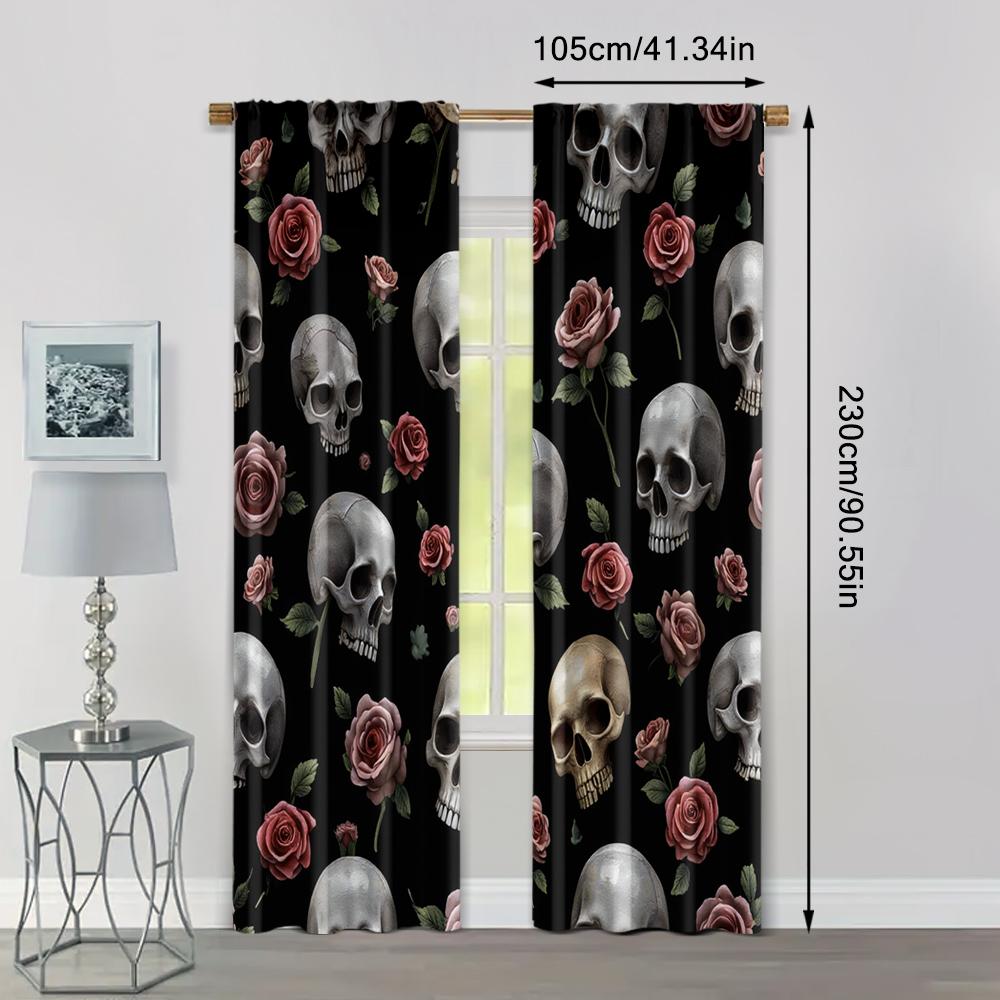 2pcs, Creative Curtains Grey Skull & Floral Peel Versatile 100% Polyester (without Rod) Stuff Clearance Ldeal for Bedroom,