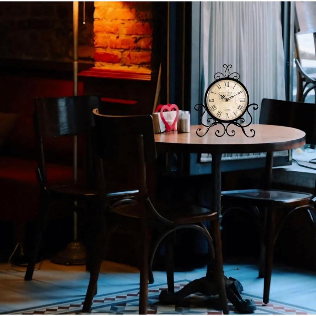Table Clock Antique Style 10 In Dial 6 In Desk Analog Clock Art Unique for Home Office Decor Iron Metal Glass Colour (Antique) (Black)