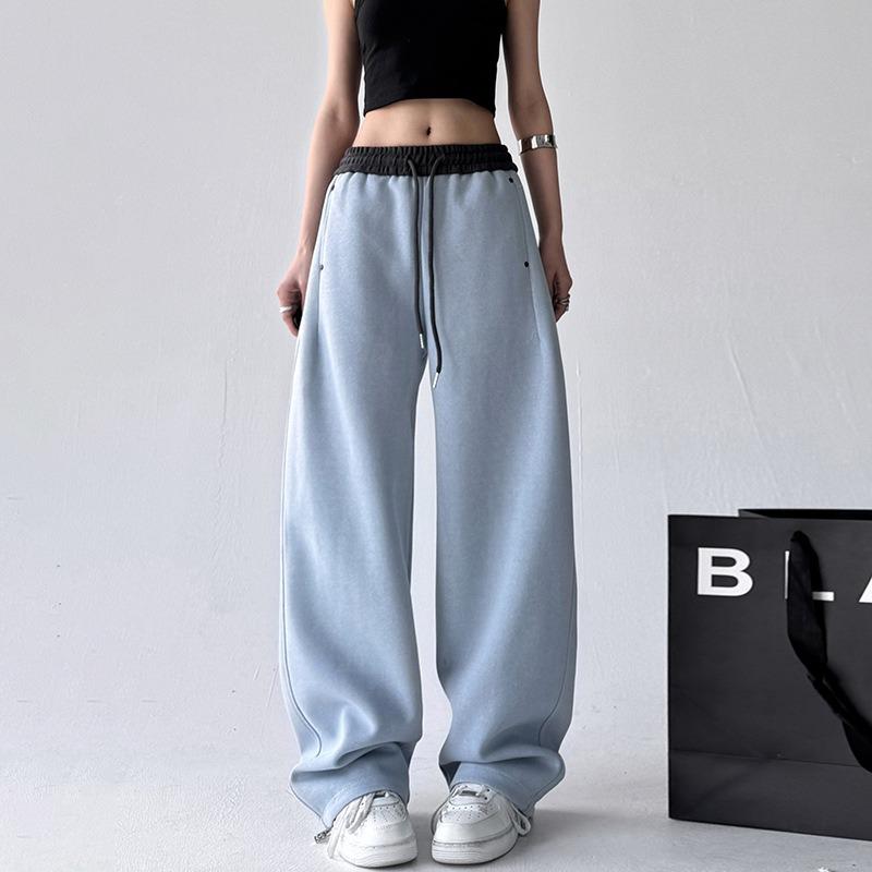 Retro Waist Splicing Casual Pants Women's Spring New Elastic Waist High Waist Straight Pants Versatile Wide-leg Sweatpants