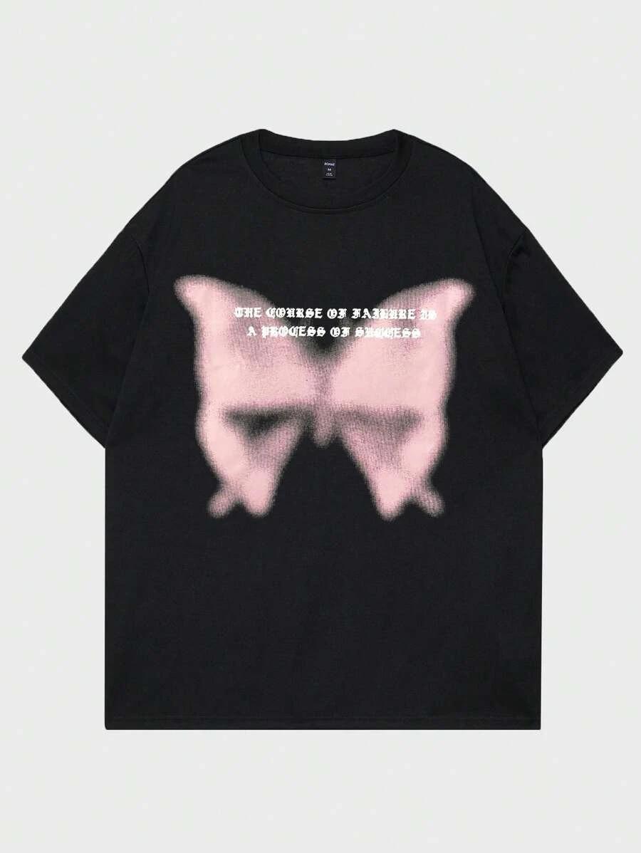 Street Life Men Cotton Butterfly Graphic Y2K T-Shirt – Slogan Print Casual Tee L