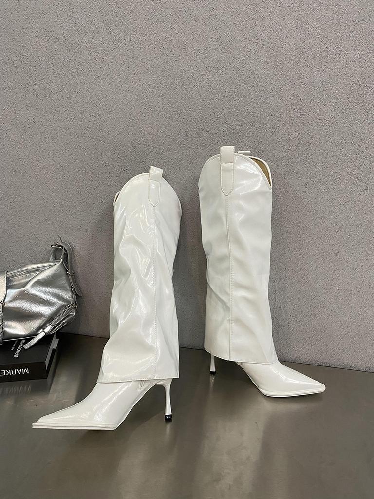 Fashion Pointed Toe Women Knee High Boots Stiletto Thin High Heels Beige White  Brown Slip On Fashion Dress Shoes Woman Size 35-40