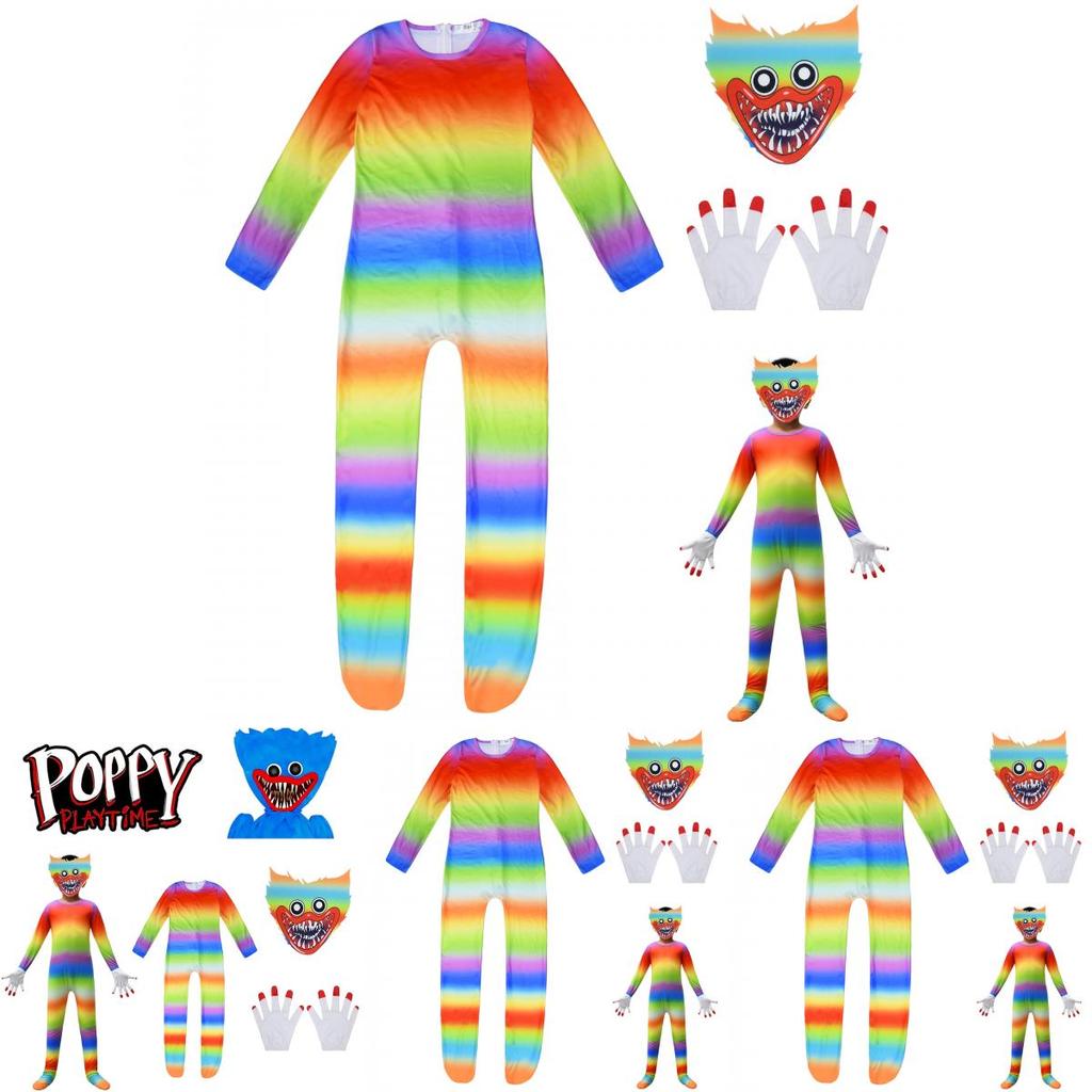 Kids Poppy Playtime Huggy Wuggy Cosplay Costume Jumpsuit Mask Halloween Suit