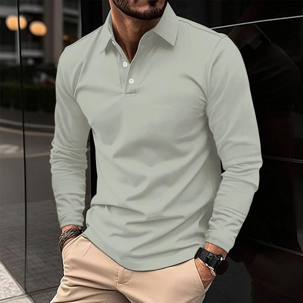 Men Summer Blouse Buttoned Turn-down Collar Pullover Long Sleeves Mid Length Single Color Leisure Business Style Top