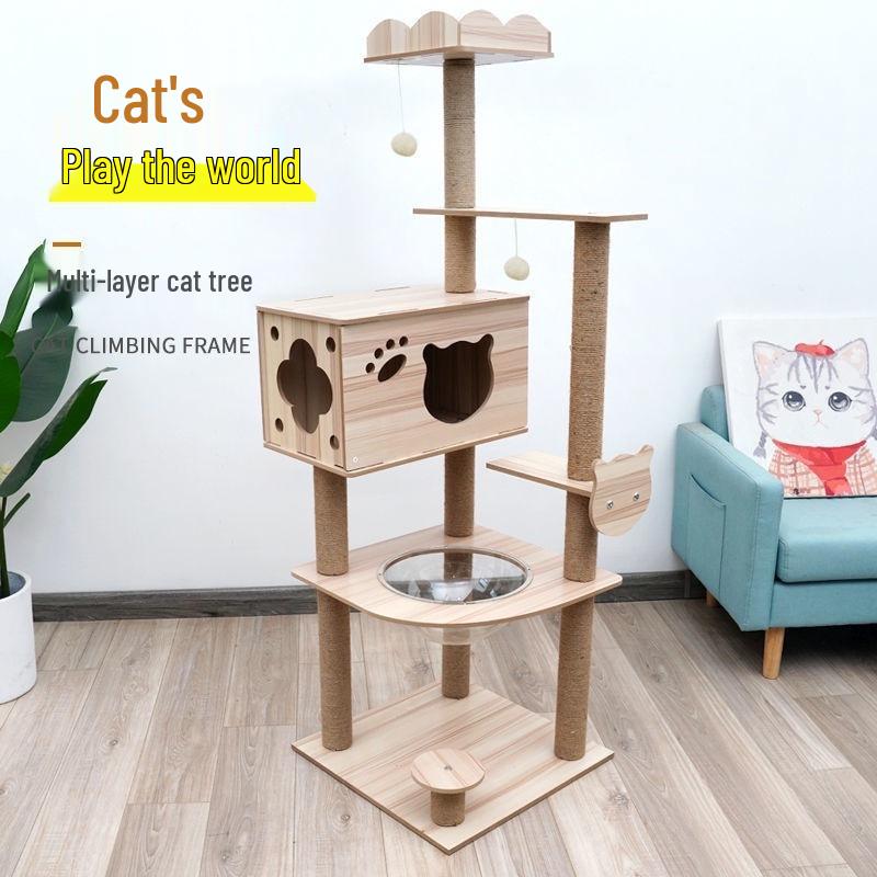 Solid Wood Cat Tree with Bed, Scratching Post, and Bubble Perch for Kittens