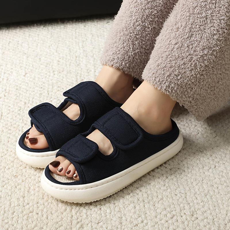 Pánské a dámské prodyšné letní pantofle z lnu absorbující pot, protiskluzové a snadno nazouvatelné a zouvatelné otevřené sandály na suchý zip pro domácí nošení