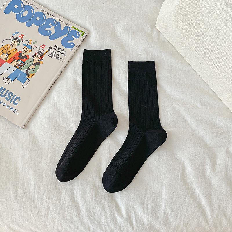 Female Summer Thin Simple Pure Color All Build Vertical Bar Wicking High Tube Cotton Socks