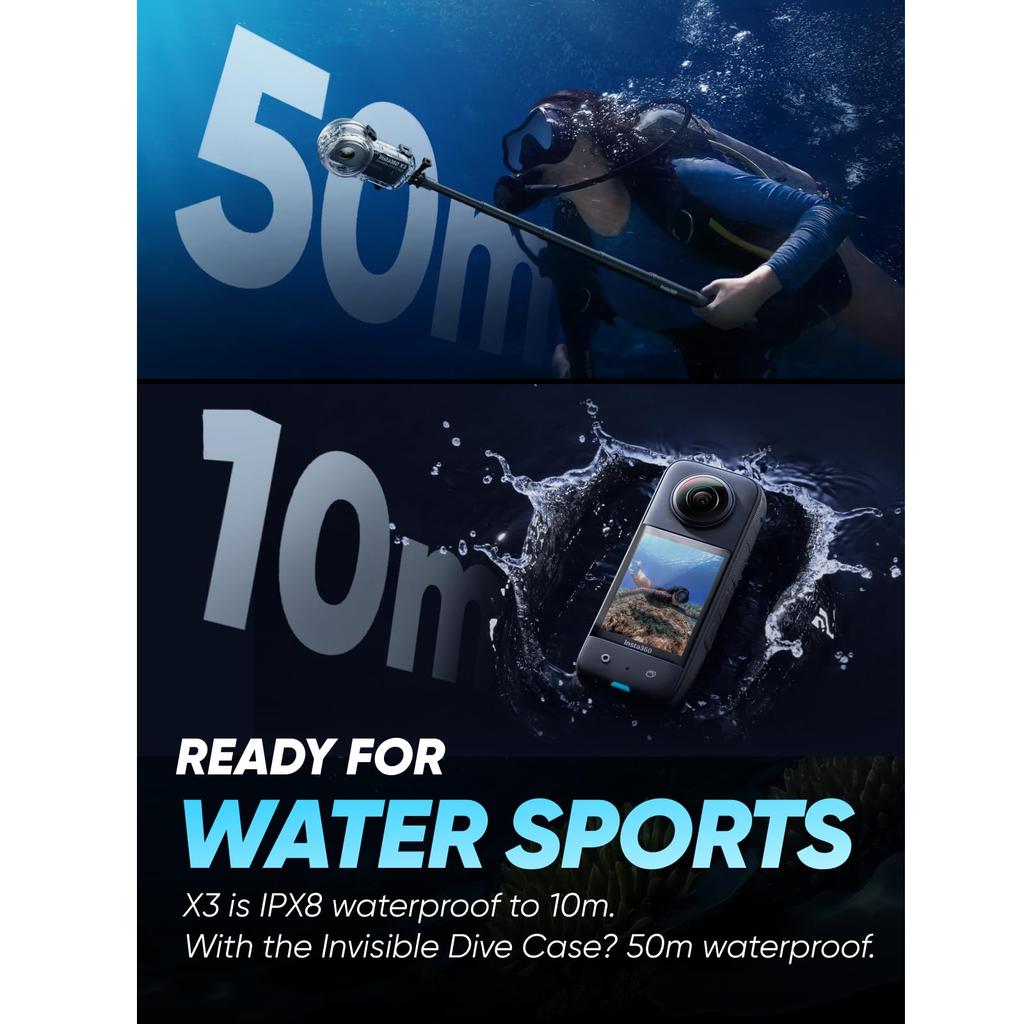 Insta360 X3 Action Camera with New 48MP IPX8 72MP Image Active 4K 60fps Horizon AI Voice Control Action Live and Underwater Webcam Invisible Diving