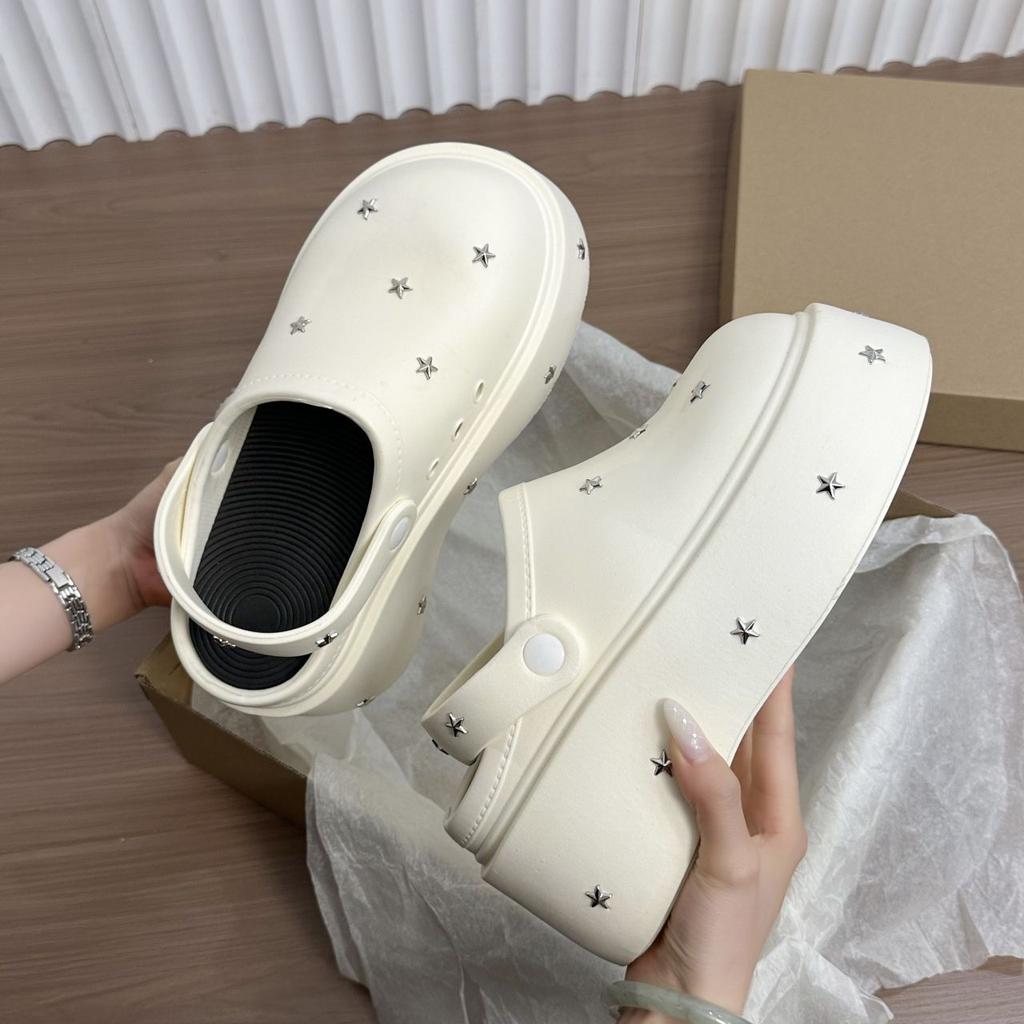 Small Height Increase Deodorant Sandals 2025 Spring and Autumn New Cute Baotou Half Drag Non-slip Thick-soled Hole Shoes Women's