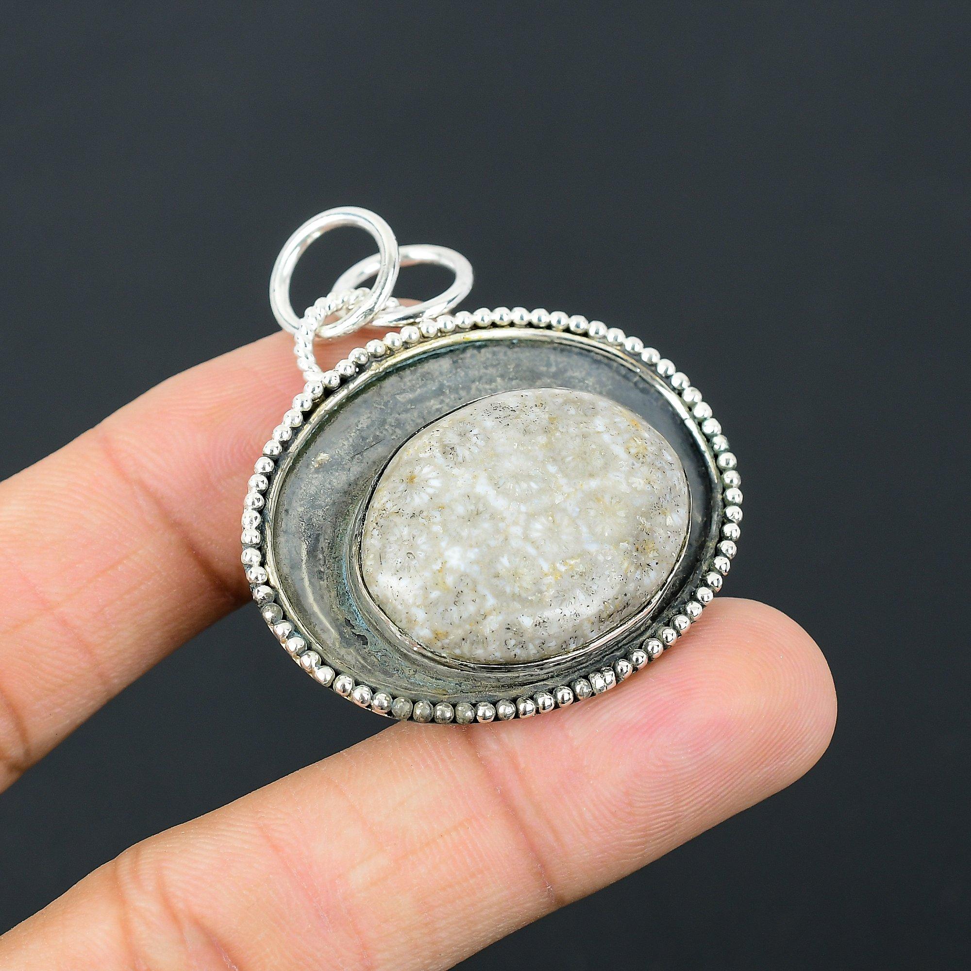 Friendship Day Sale Oval Fossil Coral Stone 925 Silver Elegant Pendant Jewelry