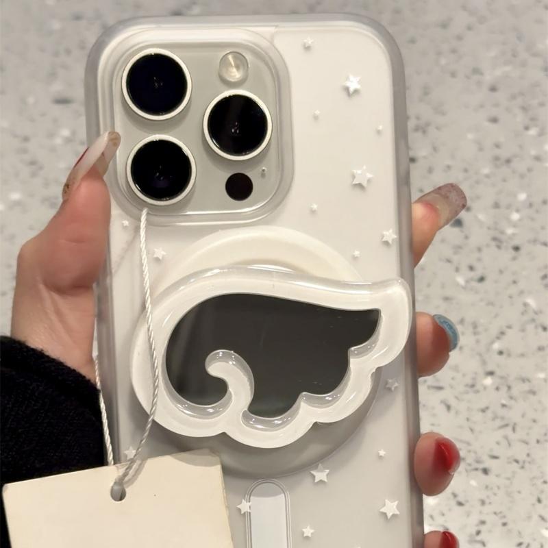 Korean Cute 3D Wings Makeup Mirror For Magsafe Griptok Holder Phone Finger Ring Stand Support For iPhone 16 Girl Bracket