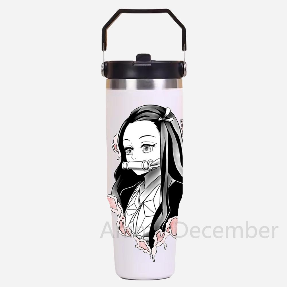 30oz Anime Portable Car Cup Stainless Steel Thermos Cup with Straw Travel Sport Water Bottle Handle Cover Coffee Vacuum Flask