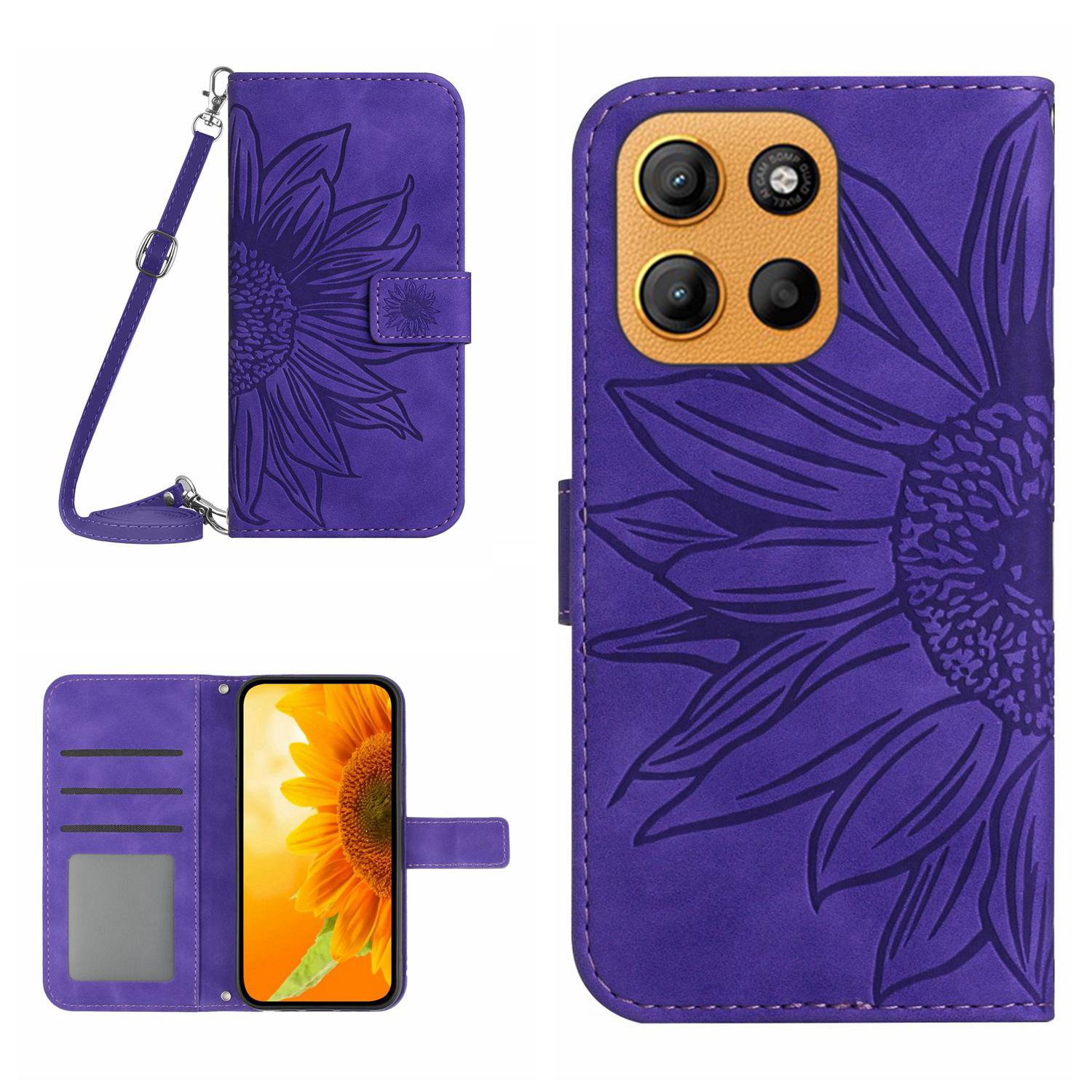 

For Motorola Moto G15 4G Case Sunflower Imprint PU Leather Phone Cover with Long Strap J