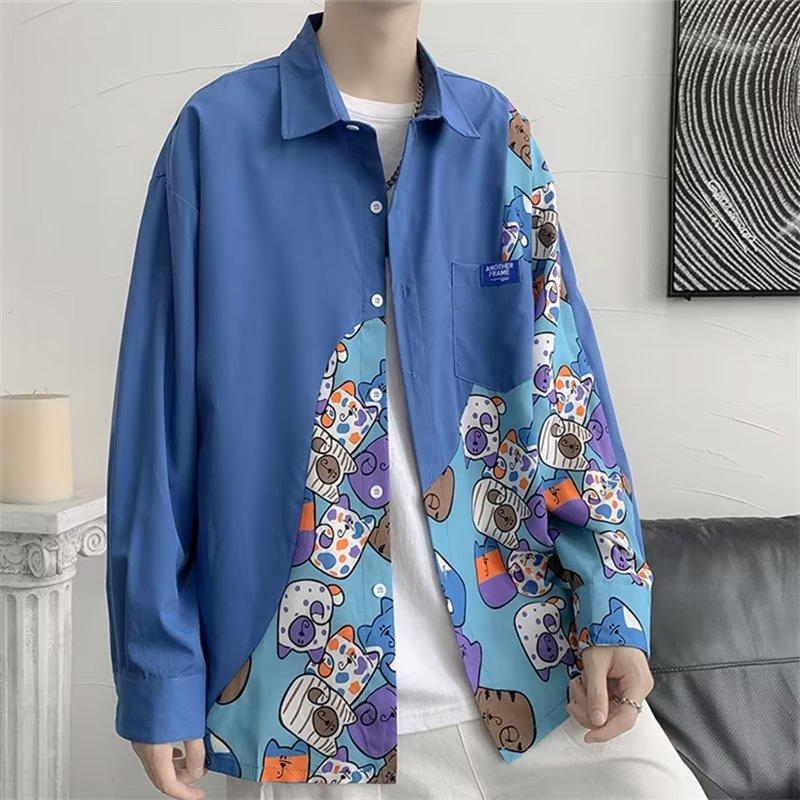 Spring and Autumn Cartoon Stitching Long-Sleeved Shirt Men's BF Loose Korean Style Couple Harajuku Style National Fashion Cardigan Jacket