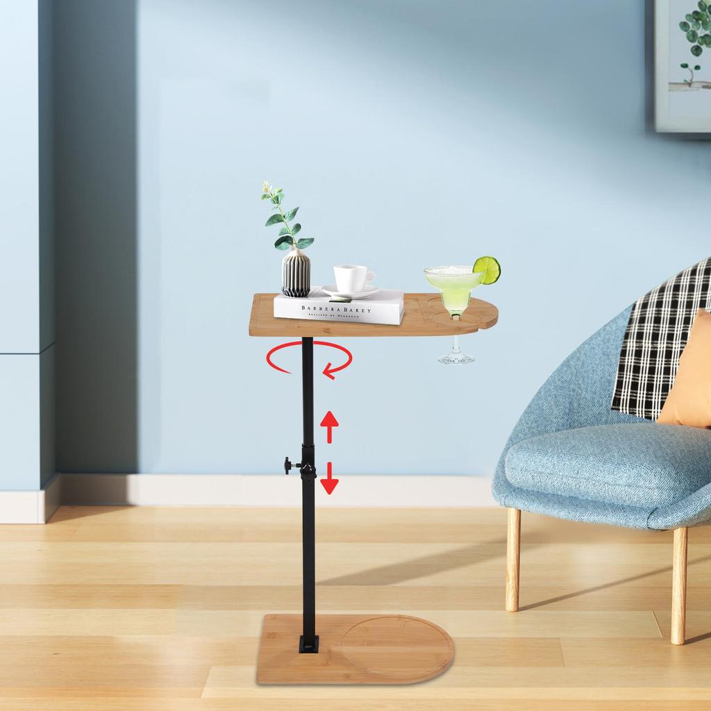 C-Shaped Side Table – Adjustable Height Bamboo & Iron Sofa Table with 360° Rotation – 88 lbs Load Capacity – Natural Wood & Black