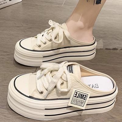 Canvas Half Slippers Women's Summer Wear 2025 New Internet Celebrity Explosion High Sense Thick Bottom Height No Heel Lazy