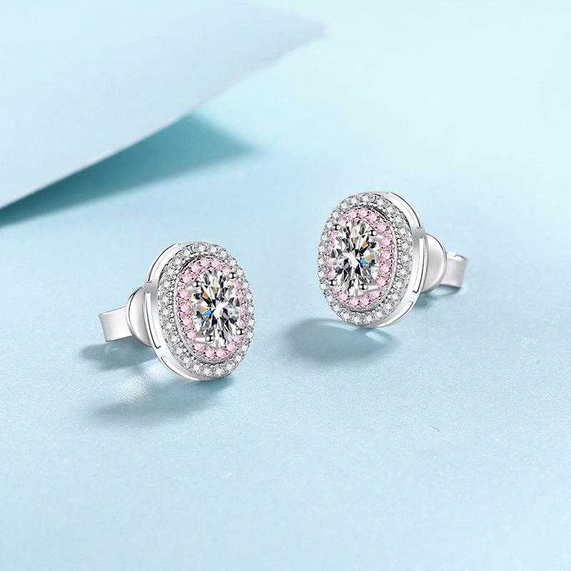 High-quality S925 sterling silver earrings, one-carat moissanite earrings, micro-paved pink zircon earrings, sweet and girly