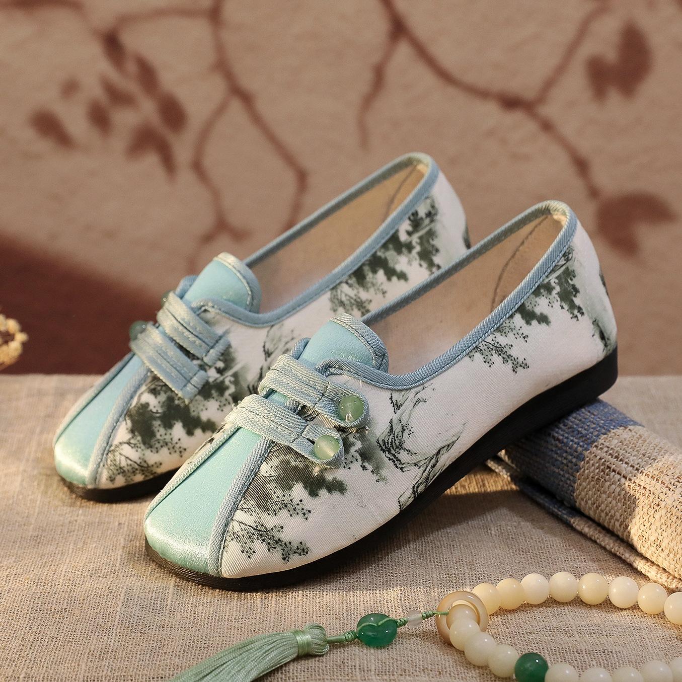 

Летние новинки 2024 года, обувь с принтом в национальном стиле, тканевая обувь «Старый Пекин», вышитая обувь, женская обувь на плоской подошве в этническом стиле, обувь для Ханфу sh 40 зелёный