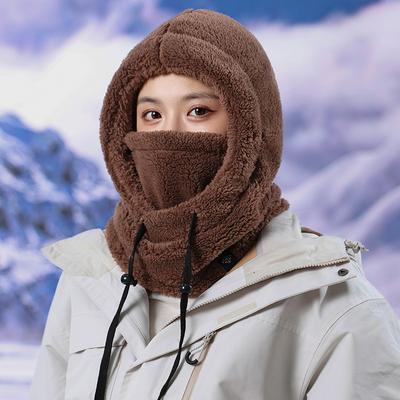 Warm Hood Hat, Scarf Integrated Hat, Women's Winter Velvet Thick Ski Riding Electric Vehicle Mask, Windproof Cover Hat