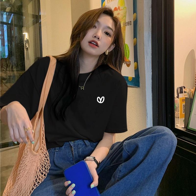 Simple cotton bottoming shirt with medium and long inside 2025 new front shoulder short-sleeved T-shirt women's versatile crew neck half-sleeved