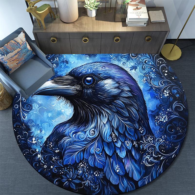 Blue Raven Round Area Rug,Carpet Rug for Living Room Bedroom Sofa Playroom Decor,Non-slip Floor Mat