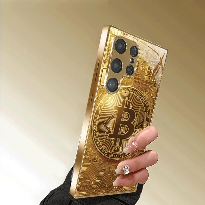 Gold Bitcoin Gehärtetes Glas Handyhülle Geeignet für Samsung Galaxy S26 S25 S24 S22 S21 S20 FE Ultra Plus Anti-Drop Rückseite