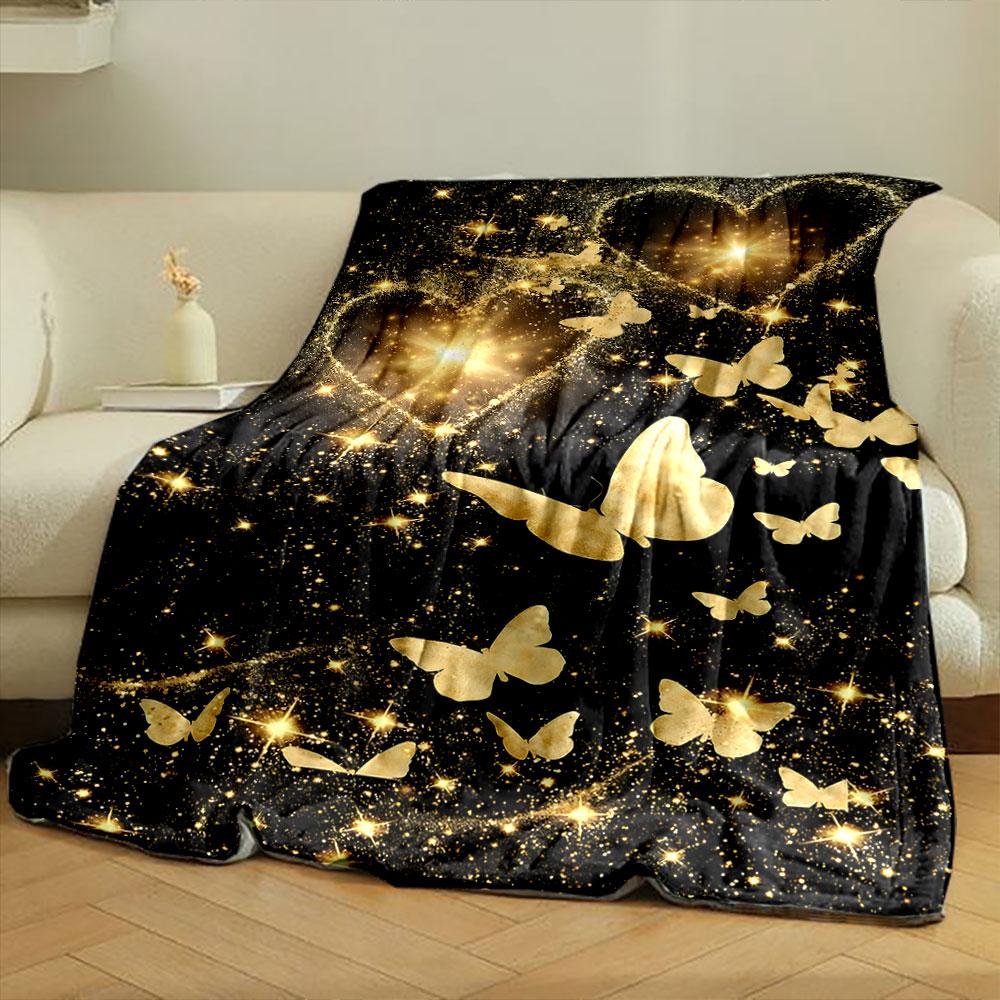 Golden Butterflies Glitter Hearts Blanket Bedroom Blanket for Livingroom Couch Lunch Break Soft Throw for Friend's Festival Gift