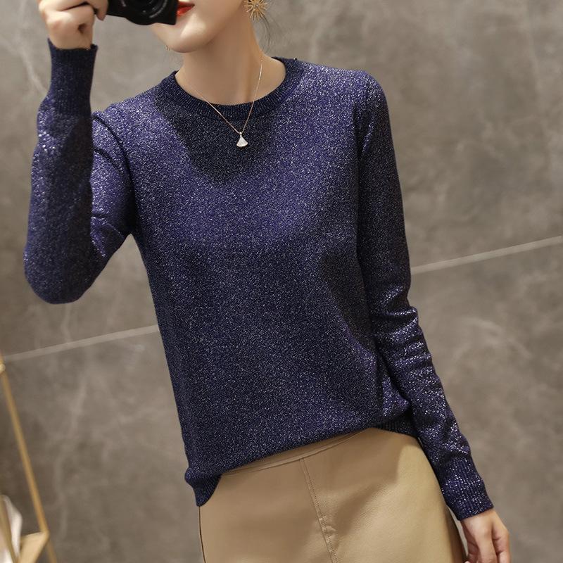 

Женский джемпер с круглым вырезом из яркого шелка, с длинным рукавом, осенне-зимний, повседневный пуловер с круглым вырезом, вязаный свитер XL темно-синий