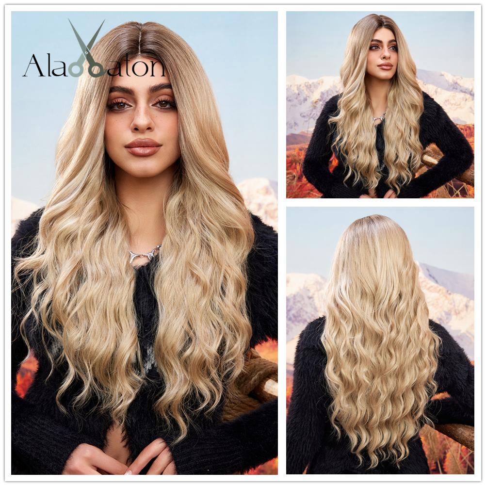 ALAN EATON Hairline Lace Wigs Ombre Brown Blonde Synthetic Long Wavy Wigs Dark Root  for Women Cosplay High Density Hair Wig