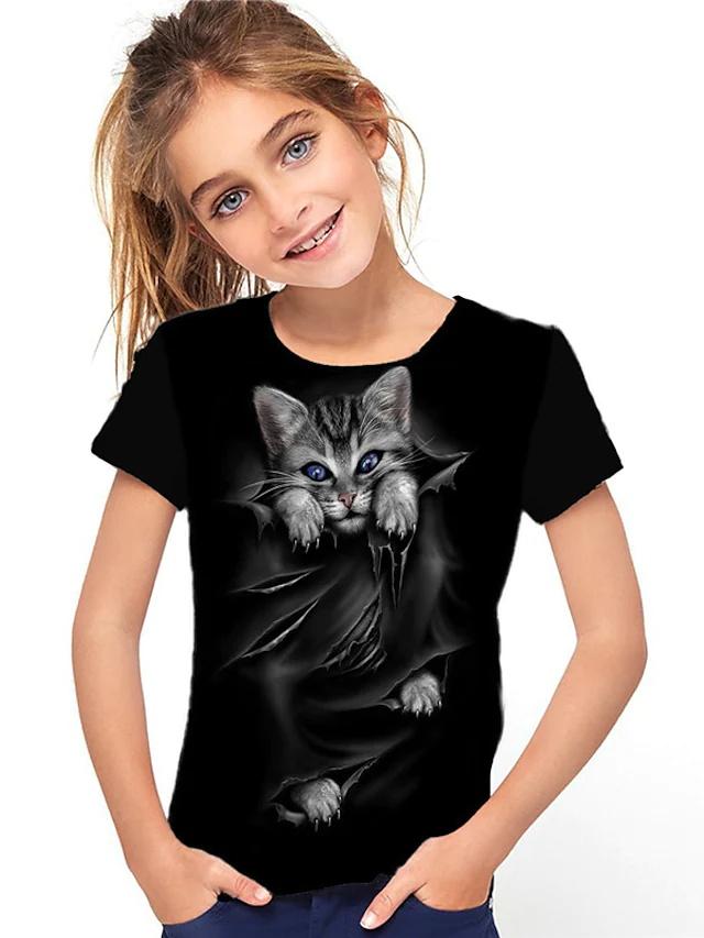 Cat Print T-shirt, Summer Casual Short Sleeved Round Neck Top for Children and Girls, As A Gift Top