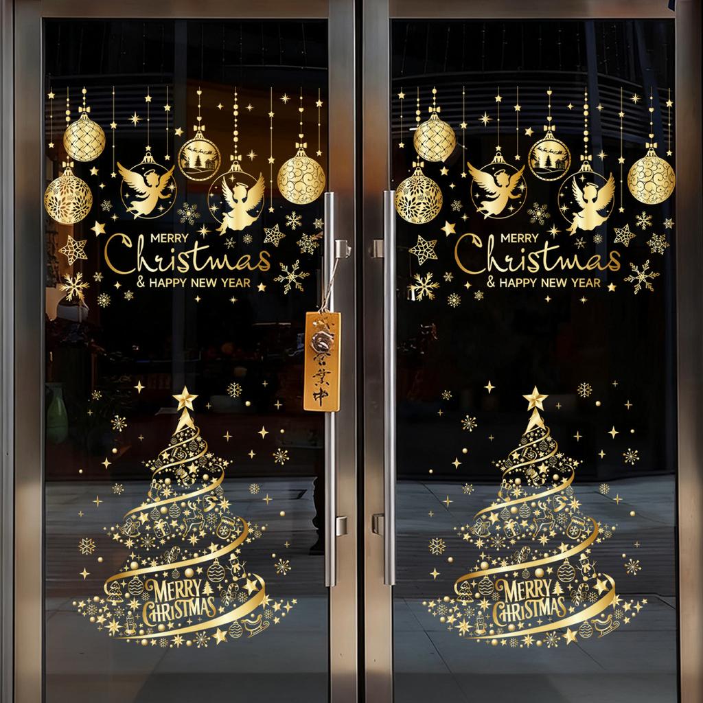 Festive Golden Star Christmas Tree Static Window Decals Reusable Glass Stickers Store Window Holiday Party Home Beautification