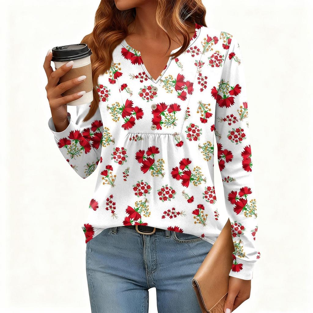 Γυναικείο Χαλαρό, V-λαιμόκοψη, Ρετρό Χρώμα, Μπλοκ με Φλοράλ Σχέδιο, Μακρυμάνικο Πουλόβερ T-shirt