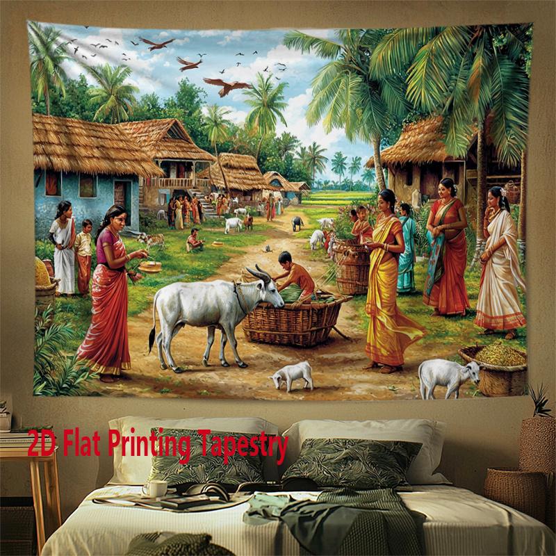 

Colorful Village Life Digital printing polyester wall tapestry suitable for use in living rooms bedrooms offices bars party 74x94cm(29x37in)