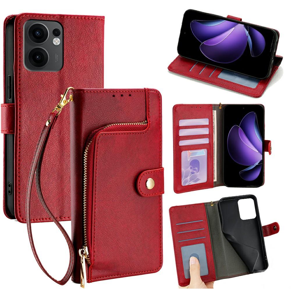 

For Oppo Reno13 F 5G/4G Case Zipper Pocket PU Leather Wallet Flip Phone Cover Red