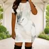 Women Plus Size Off White Round Neck Short Sleeve Printed Fitted Mini Dress