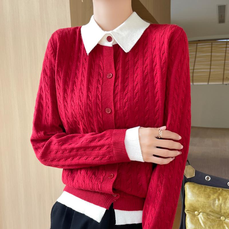 

GMXIA Spliced Lapel Fake Two Knitted Cardigan Women Spring and Autumn Loose Twist Sweater Coat Top XXL