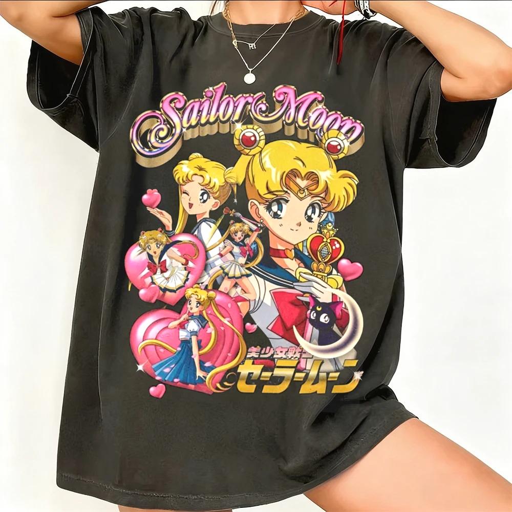 Sailor Moon Retro 90s Anime Grafické Tričko Letní Bavlněné Unisex Dámské Tričko Streetwear Ležérní Trend Krátký Rukáv Párové Hip Hop Top