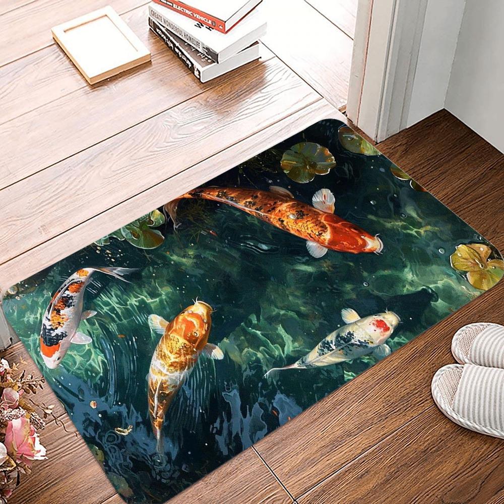 Vibrant Koi Pond DOORMAT – Realistic Scene of Colorful Carp Swimming Non-Slip Floor Mat Carpet for Entryway