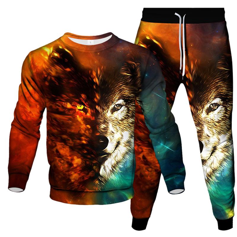 Spring Autumn Dazzle Wolf 3D Print Sportswear Set Casual T Shirt Pants 2-Piece Set Oversize Pullover Hip Hop Unisex Clothing